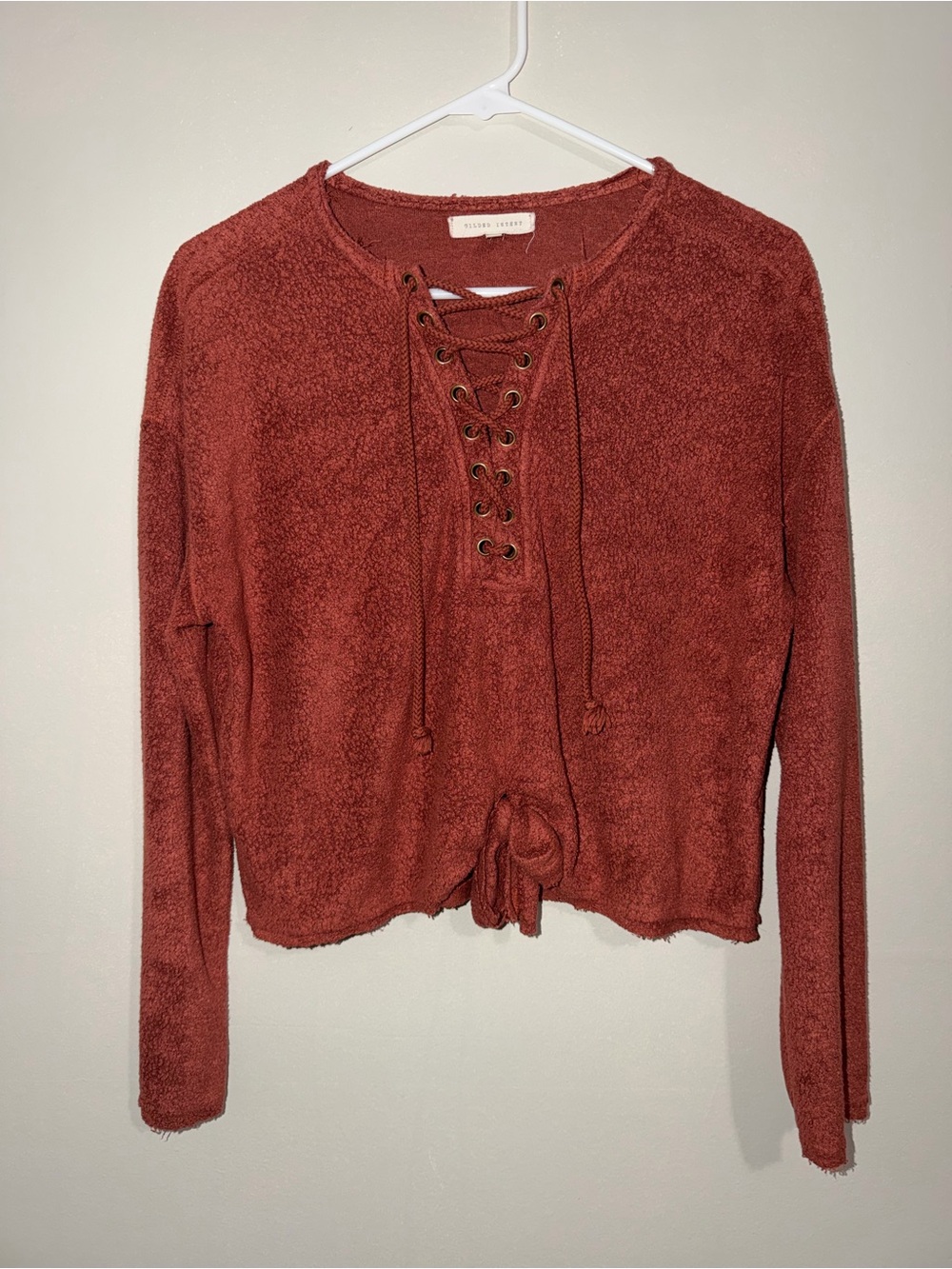 Gilded Intent Women’s Small Rust Lace-Up Tie Front Sweater Top